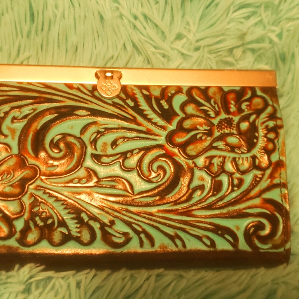 Patricia Nash tooled turquoise  brown St Croce clutch wallet